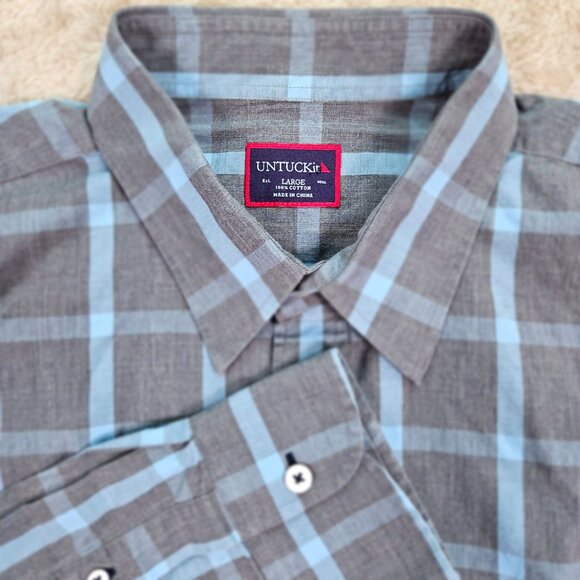 UNTUCKit Gray Blue Plaid Shirt 100% Cotton Long Sleeve Button-Down Men's Size L - Picture 1 of 11